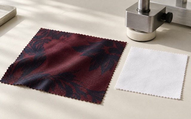 Clean close-up of a dark printed silk scarf beside a white textile crocking cloth on a neutral testing surface