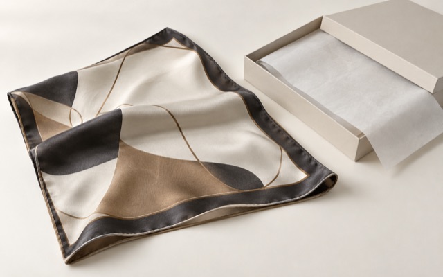 Clean product photograph of a folded printed silk scarf beside its open retail box with one soft transit crease visible