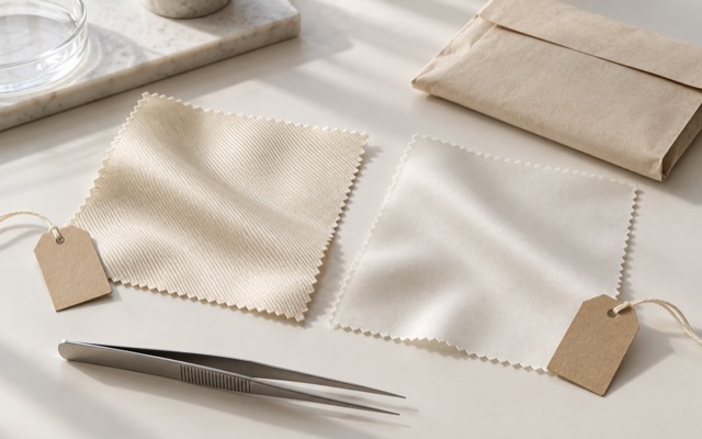 Clean textile verification scene with labelled silk and polyester swatches, tweezers and a sample envelope on a neutral laboratory surface