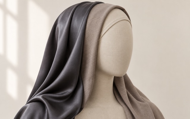 Clean close-up wear test of two plain-edged scarf constructions arranged on a neutral headform with a simple undercap