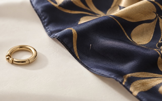 Macro product detail of smooth printed silk beside a rounded jewellery clasp, showing clean yarn structure on a plain background