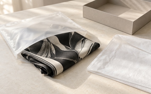 Clean product inspection photograph of a freshly opened scarf pouch, folded silk scarf and separate tissue sample on an uncluttered table