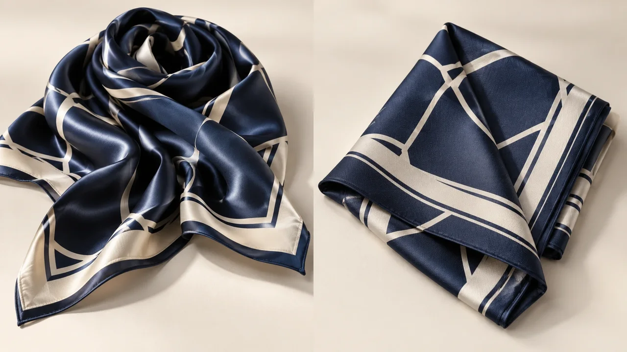 Navy and ivory geometric scarves arranged in draped and folded forms