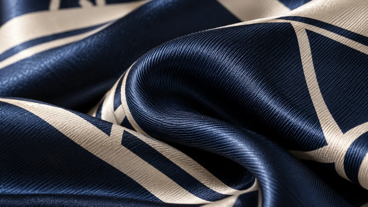 Close view of navy and ivory patterned fabric with diagonal surface detail
