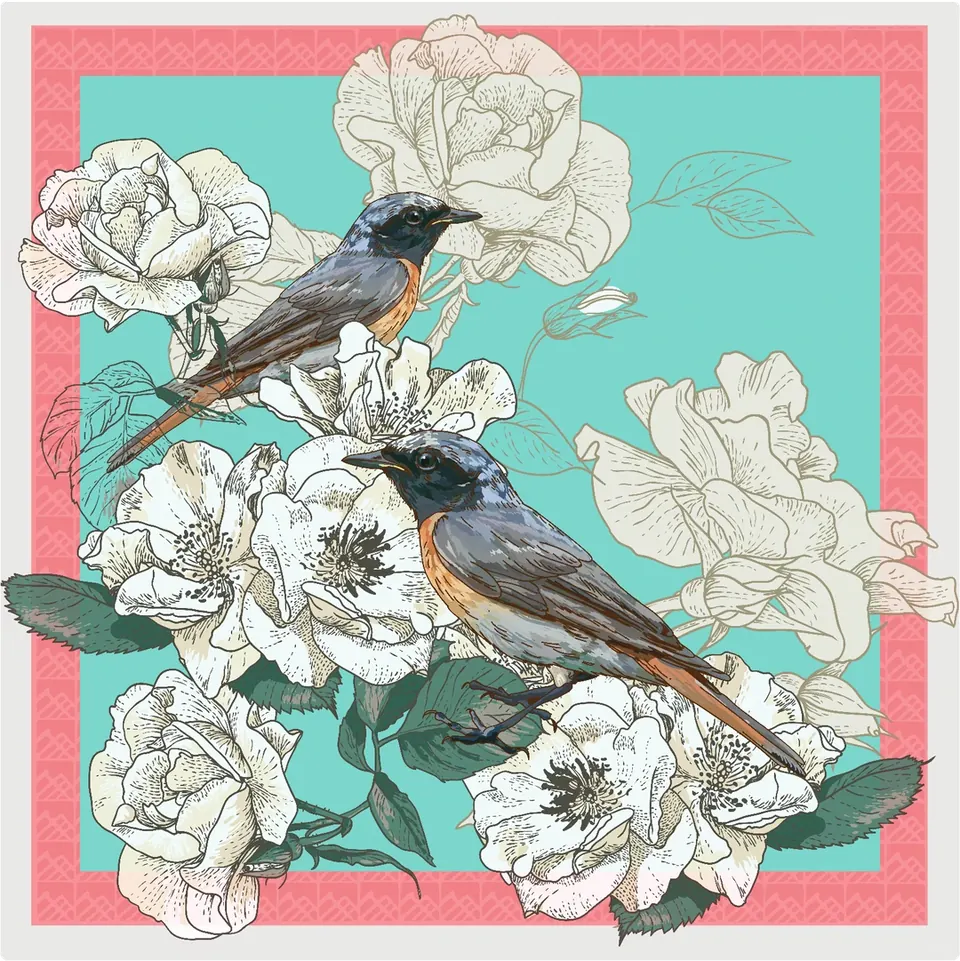 Painted Garden Songbird Bloom artwork in aqua and coral