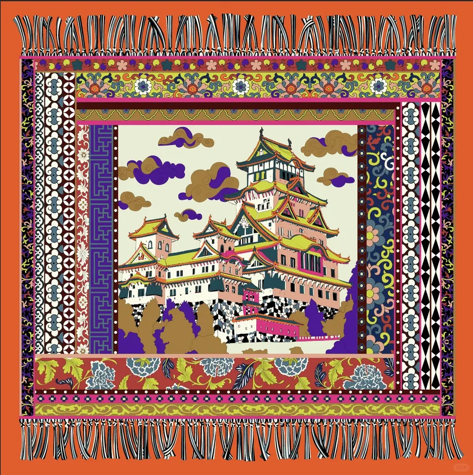 Palace Reverie architectural artwork in persimmon and ivory